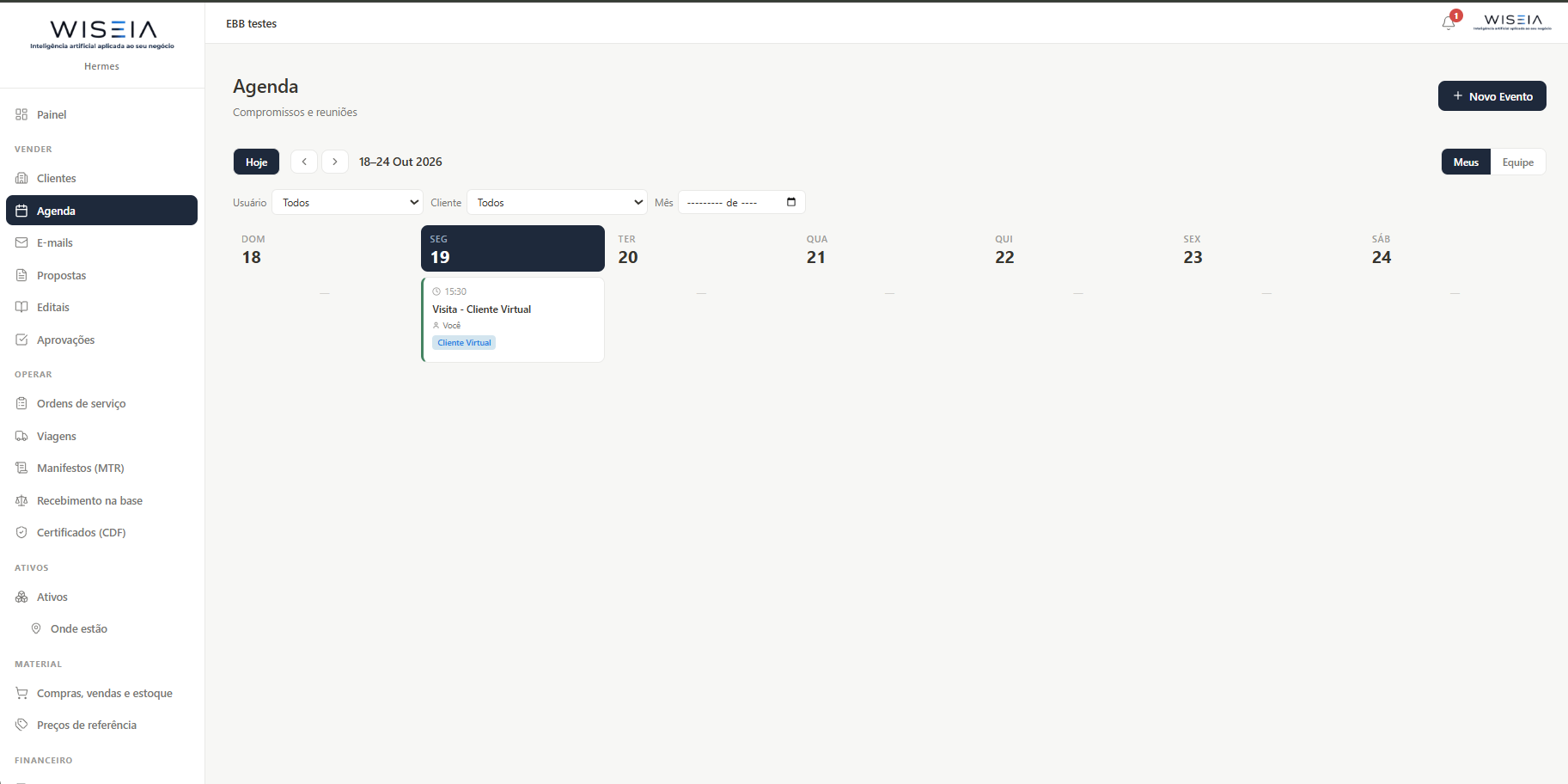Agenda com a visita ao Cliente Virtual marcada para 15h30