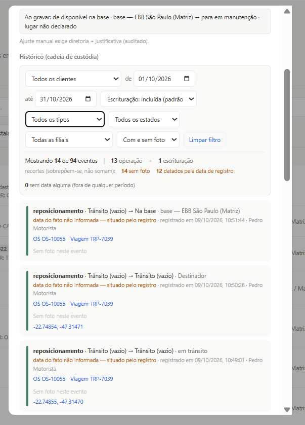 Histórico de movimentos de um caminhão com responsável, horário, ordens de serviço, viagens e coordenadas registradas